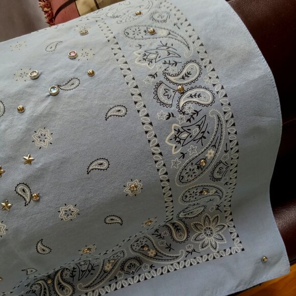 Sky Blue Vintage Cotton Bandana with Silvertone Studs - Picture 2 of 3